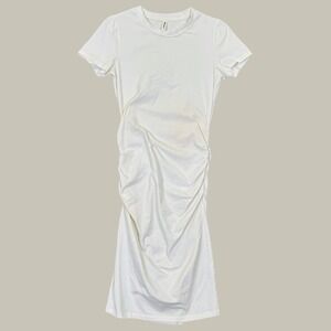 Missufe Ruched Bodycon Midi Dress Women S White Short Sleeve Stretch Cotton